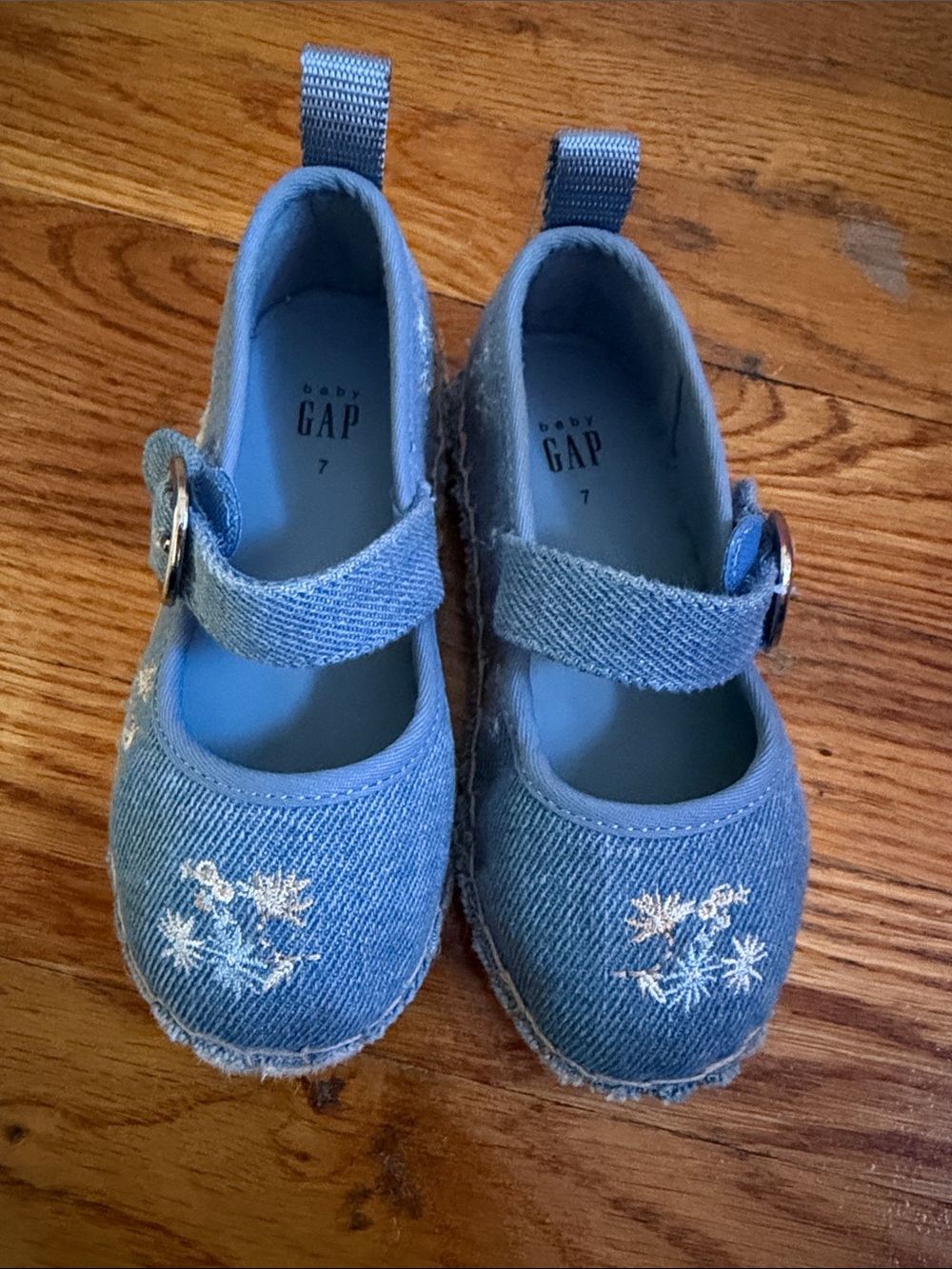 GAP Denim Blue Mary Jane Shoes with Embroidered Flowers